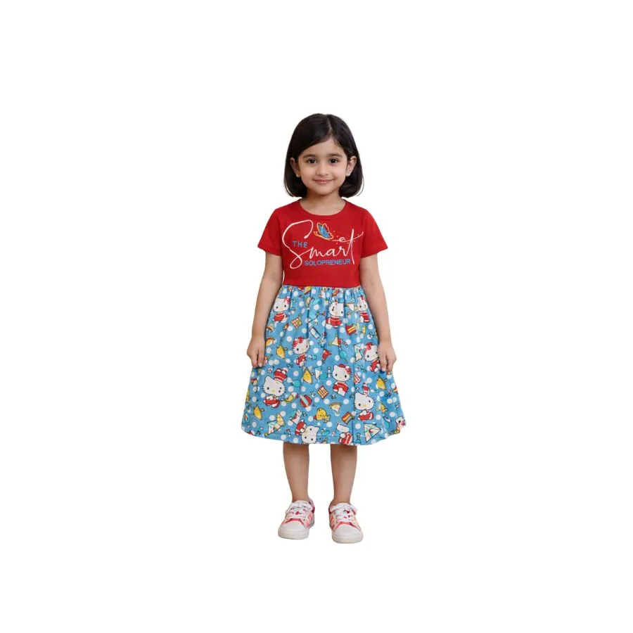 Kids Contrast Frock (knee length ,short sleeve,printed top and aop bottom frock)